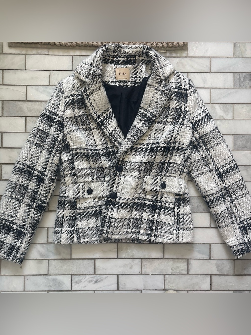 Elie Tahari Black and White Plaid Bouclé Blazer